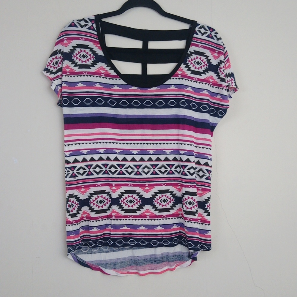 Bohemian Colorful Cut Out Strappy Back  Short Sleeve Blouse Top